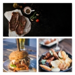 Collage image of fast foods and staeks