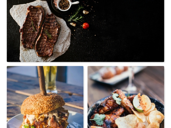 Collage image of fast foods and staeks