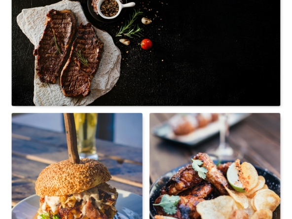 Collage image of fast foods and staeks