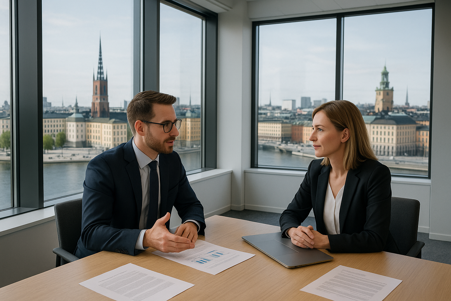 Professionell företagsmäklare konsulterar med klient i modernt Stockholm-kontor med panoramautsikt över staden, representerar kvalificerad rådgivning för företagsaffärer