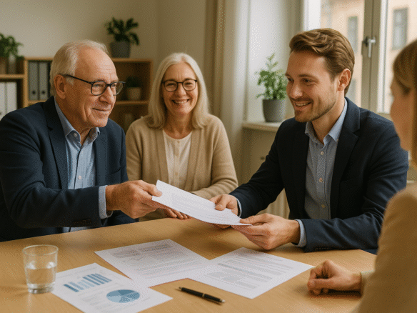 Äldre företagare överlämnar viktiga dokument och affärsplaner till yngre familjemedlem vid konferensbord, representerar planerat generationsskifte i familjeföretag