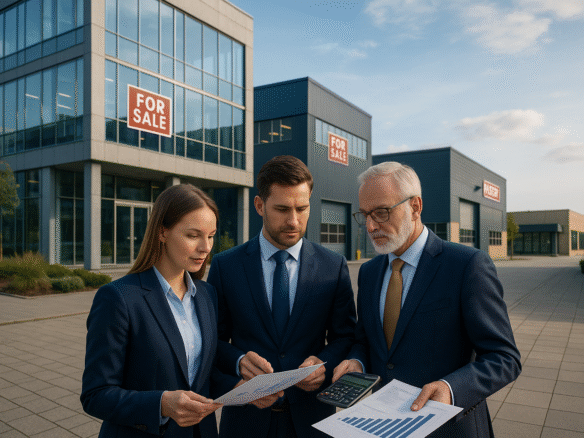 Professionella affärsmän granskar kommersiella fastigheter till salu i modern svensk affärsdistrikt med kontorsbyggnader, lager och handelsfastigheter, visar investeringsmöjligheter med dokument och finansiella beräkningar