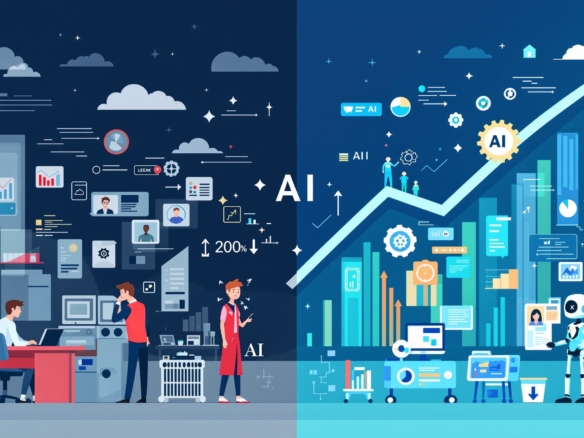 llustration som visar AI:s påverkan på företagsvärde - traditionellt företag med fallande diagram till vänster, AI-förstärkt modernt företag med stigande värden till höger, förbundet av digital transformationsbro med AI-symboler
