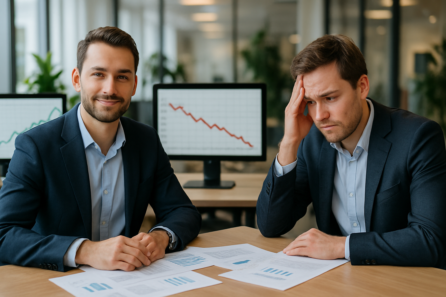 Två affärsprofessioner i modern svensk kontorsmiljö visar kontrasten mellan framgångrik och osäker företagsvärdering - en självsäker person vid uppåtgående grafer, en stressad person vid nedåtgående trender, symboliserar psykologiska faktorer som påverkar företagsvärdering