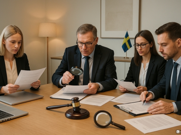 Professionell juridisk due diligence möte med affärsjurister som granskar företagsförvärv dokument och kontrakt vid konferensbord