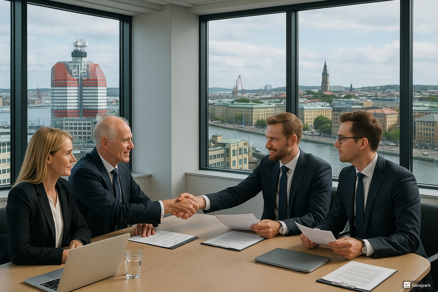Professionellt affärsmöte i modernt Göteborg-kontor med svenska företagsledare som diskuterar företagsförmedling vid konferensbord med Göteborgs skyline synlig genom stora fönster