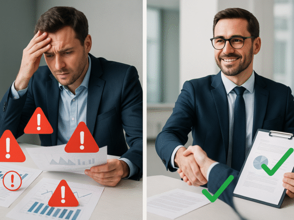 Professionell affärsbild som visar kontrast mellan fel och rätt sätt att köpa företag. Vänster sida: orolig affärsman studerar förvirrande dokument med röda varningssymboler. Höger sida: självsäker affärsprofessional med tydliga dokument och gröna checkmarks, samt handskakningsscen som symboliserar framgångsrik företagsförvärv.