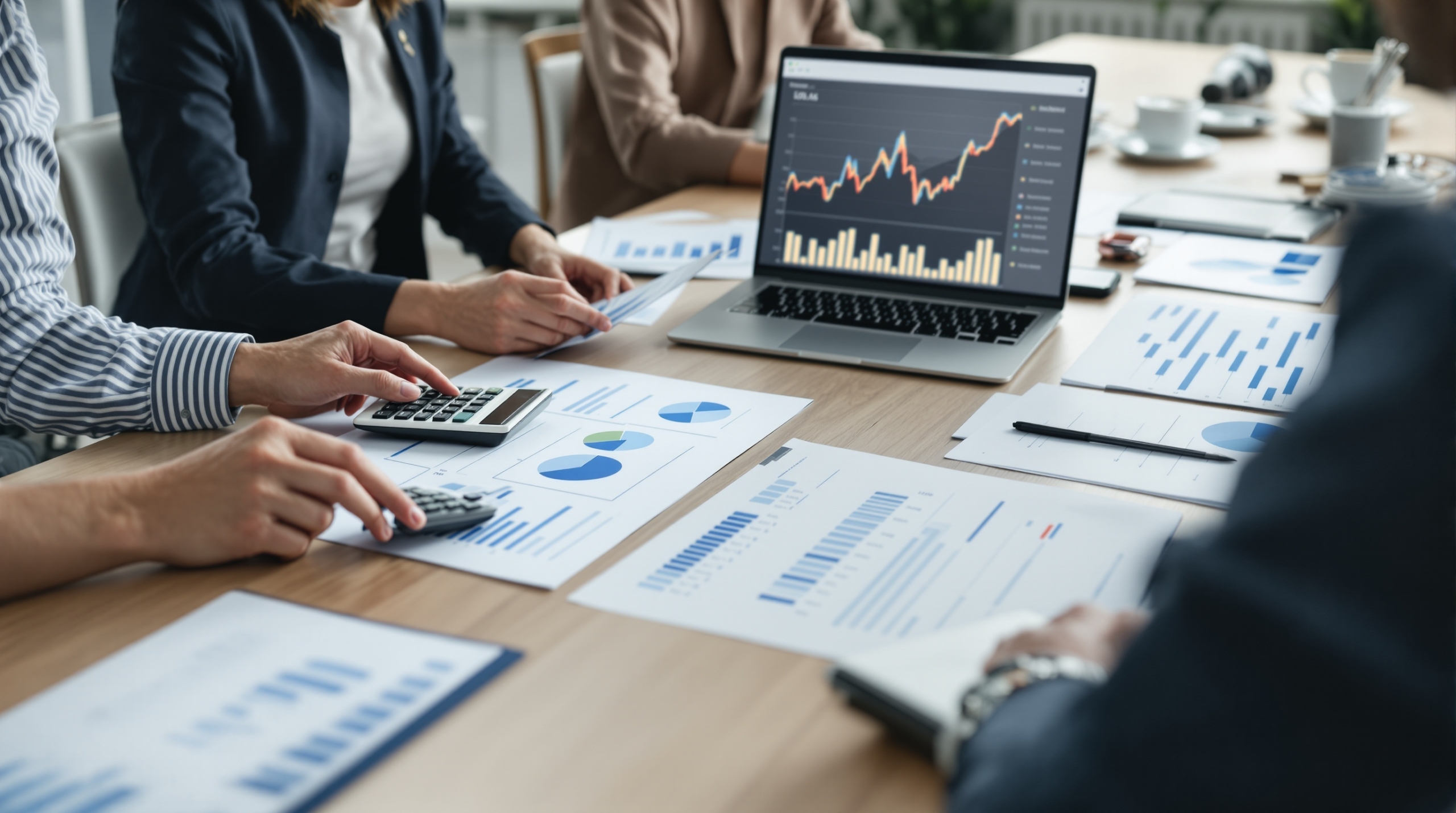 Professionell företagsvärdering med finansiella analyser och värderingsrapporter på konferensbord