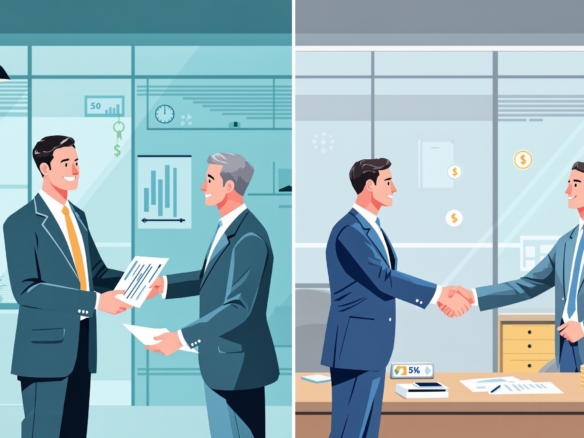 Illustration som visar valet mellan generationsskifte och extern försäljning av familjeföretag - äldre företagare överlämnar till yngre person till vänster, handslag mellan affärspartners till höger