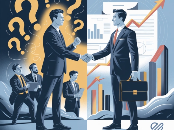 Hitta mäklare - professionell illustration som visar sökprocessen efter rätt företagsmäklare. Delad scen: vänster sida visar förvirrad företagare omgiven av generiska mäklare med frågetecken som representerar fel val, höger sida visar självsäker handskakning mellan företagsägare och professionell expertmäklare med portfölj och framgångssymboler som diagram, kontrakt och byggnader i bakgrunden. Modern svensk affärsestetik i blått och guld som förmedlar förtroende och expertis.