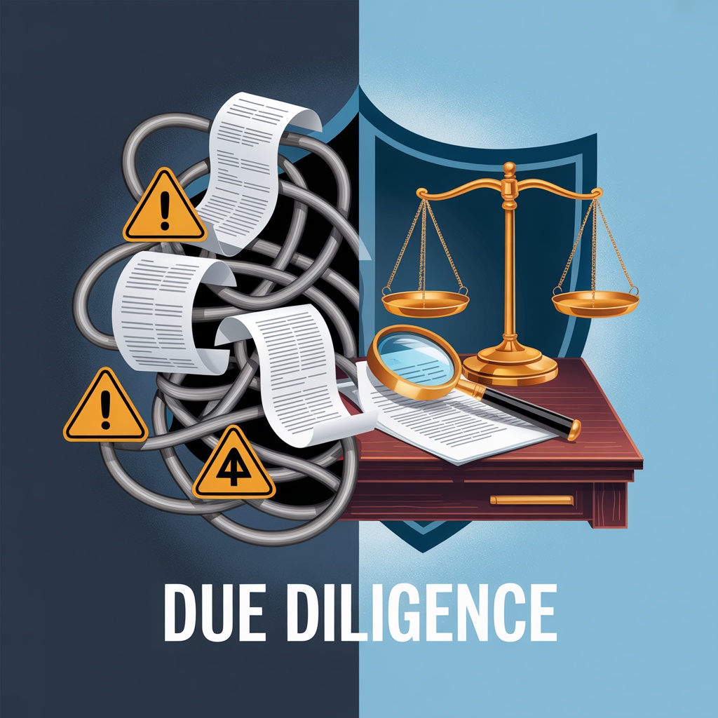 Juridiska fallgropar vid företagsköp - professionell illustration som visar dolda juridiska risker och skydd genom expertgranskning. Bilden är delad i två sidor: vänster sida visar farliga gömda juridiska fällor som begravda avtal, miljöansvar och skatteproblem med varningssymboler, höger sida visar skydd genom juridisk expertgranskning med rättvisans våg, förstoringsglas och sköldar i modern svensk affärsestetik.