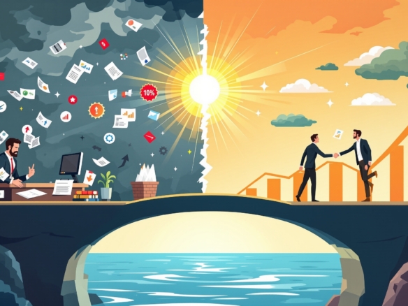 Illustration som visar transformation från företagskris till möjlighet - stressad företagare med fallande diagram till vänster, framgångsrik affärsuppgörelse med stigande pilar till höger, förbunden av bro som symboliserar vägen genom krisen