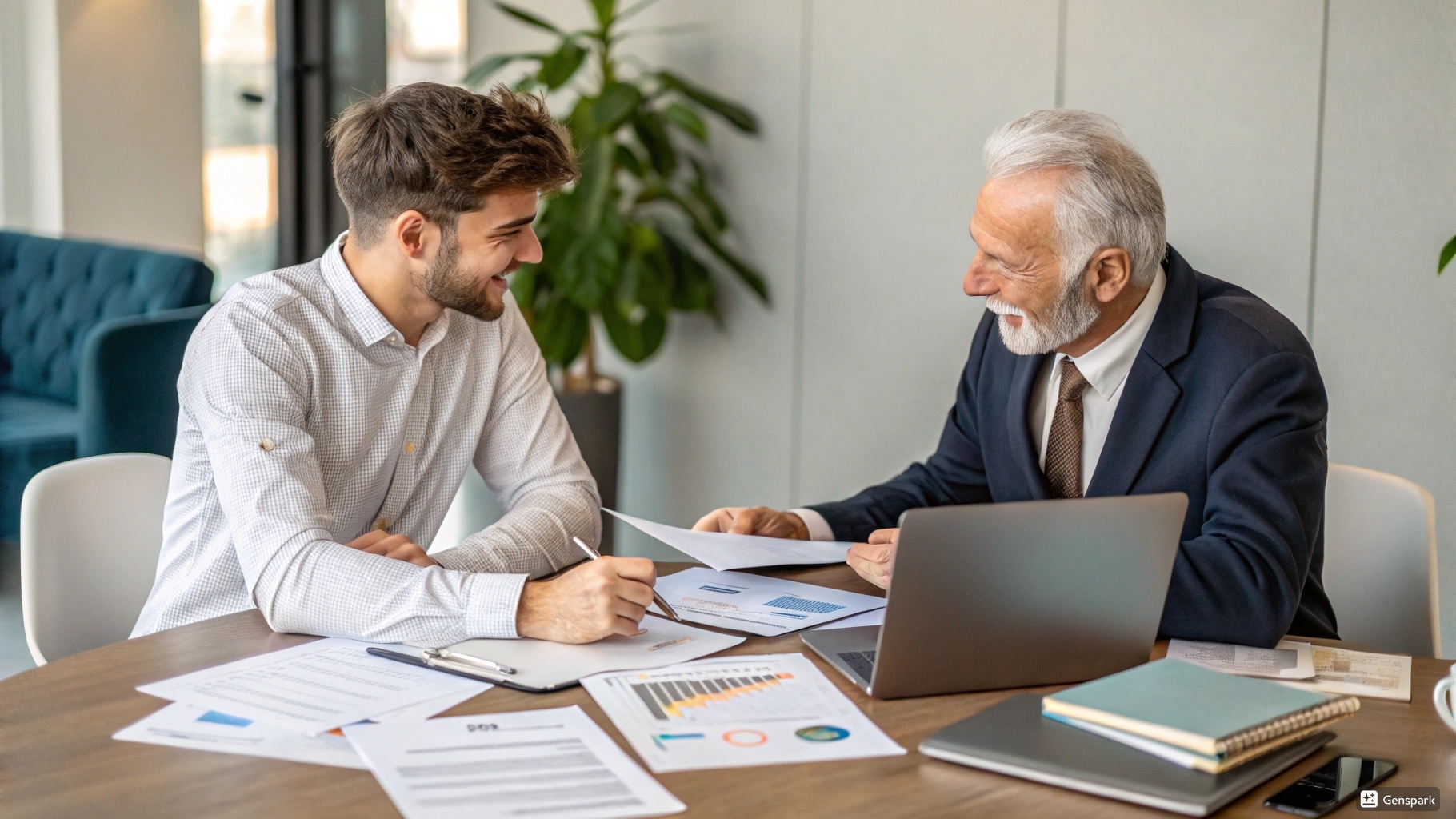 Professionellt affärsmöte om generationsväxling med ung entreprenör som köper företag från äldre generation - Köp företag 2025 från Mäklarjouren