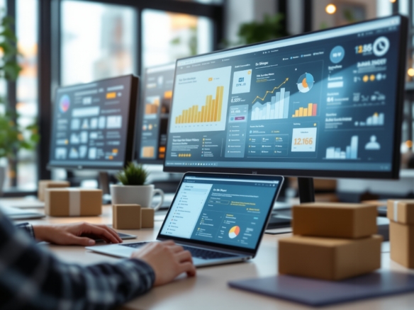 Modern e-handelsföretag kontor med flera dataskärmar som visar e-handelswebbplatser, analytiska dashboards och digitala marknadsföringsverktyg