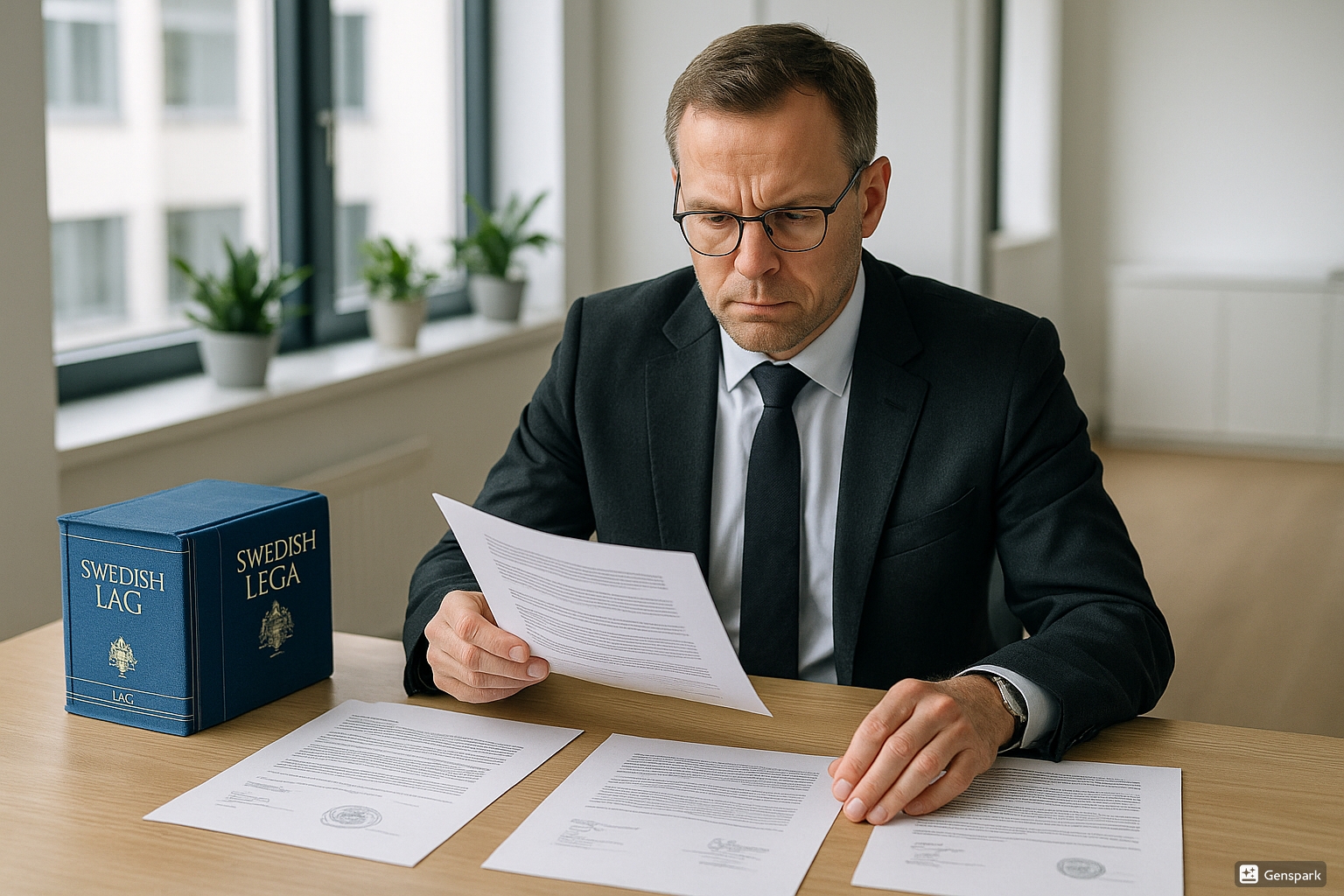 Professionell svensk affärsjurist i kostym granskar juridiska dokument för företagsförsäljning på modernt kontor med lagböcker och kontrakt utspridda på skrivbordet