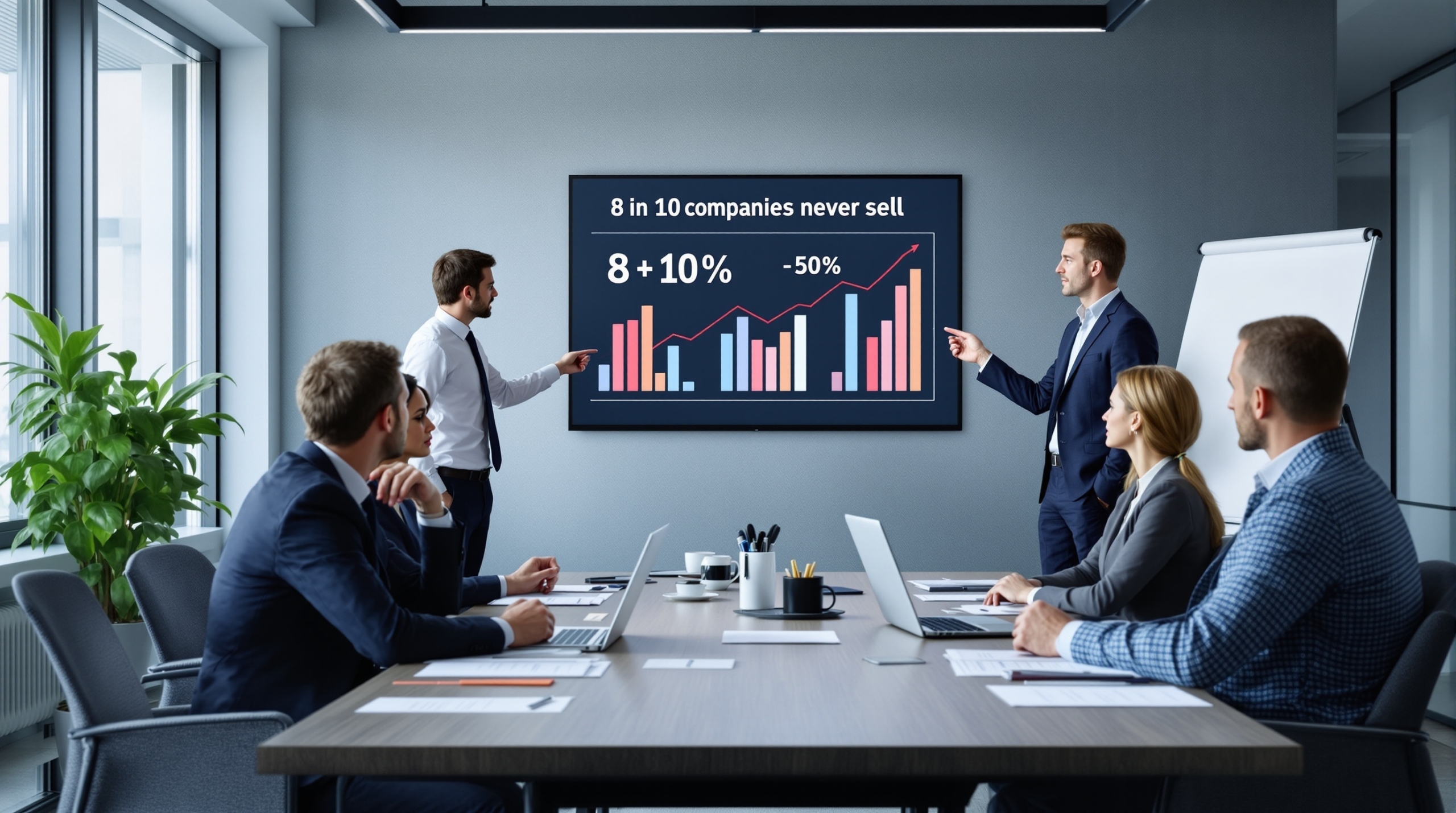 Professionell affärspresentation i modernt svenskt kontor visar statistik att 8 av 10 företag aldrig säljs rådgivare presenterar data för bekymrade företagsägare vid mötesbordet med diagram och dokument