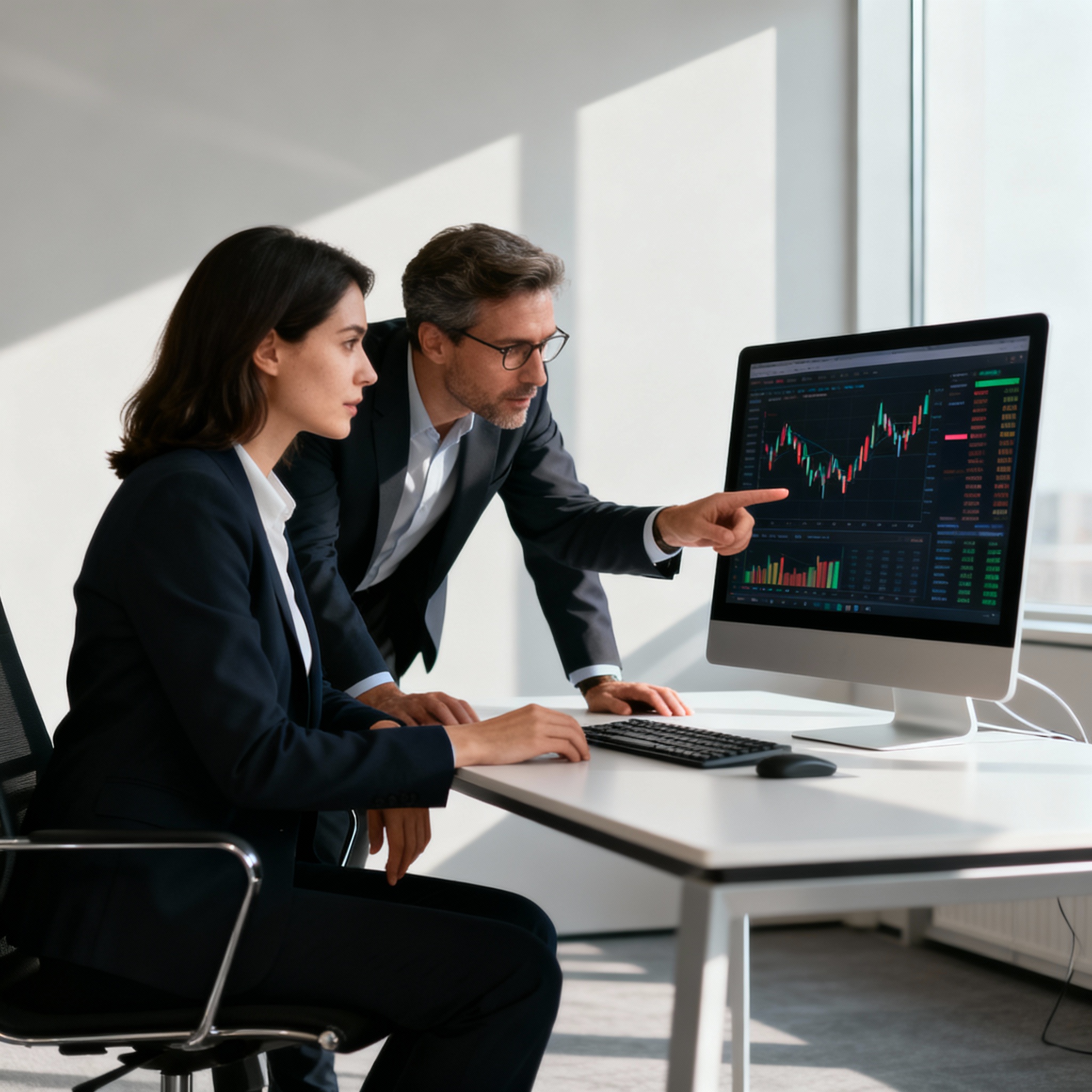 Företagsmäklare och företagare analyserar digital trafik och webbsidors statistik tillsammans, inför försäljning.