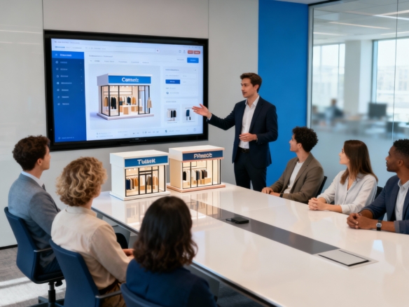 Företagsmäklare visar e-handelsplattform och fysiska butiksytor för blivande företagare i mötesrum.