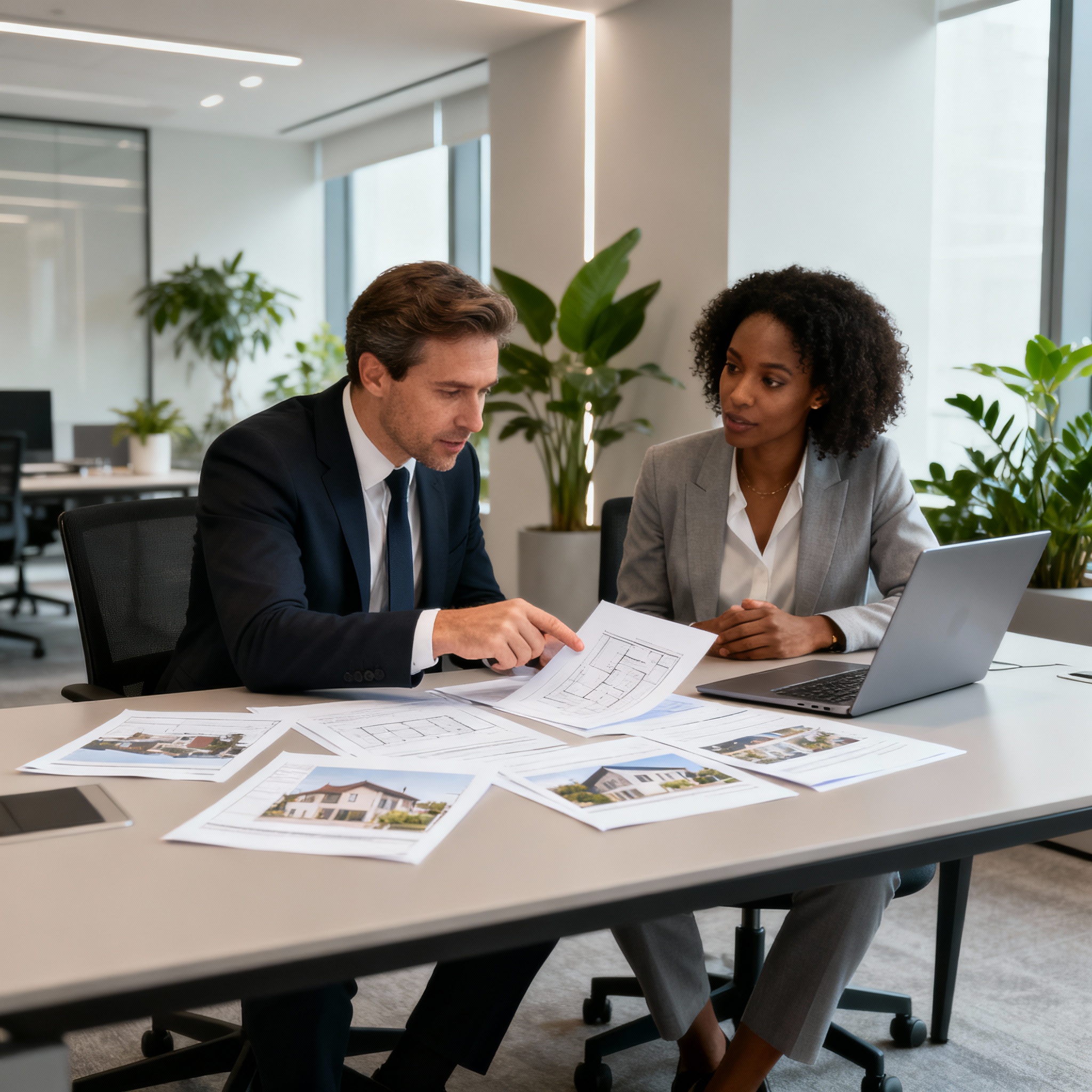 Företagsmäklare och kund granskar fastighetsdokument i ett modernt kontorsrum inför försäljning.