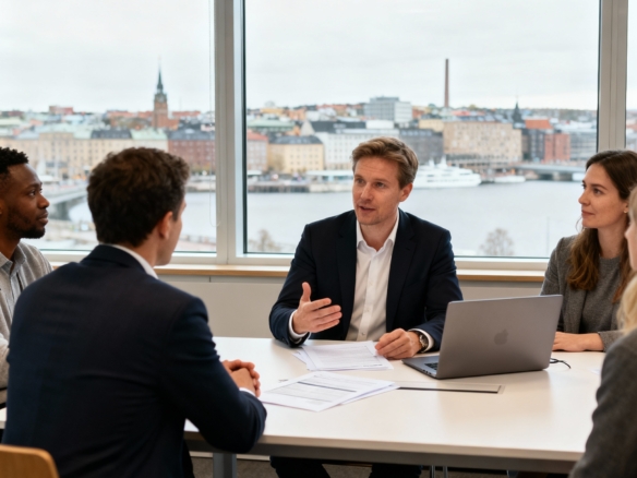 Företagsmäklare diskuterar affärsförmedling med företagare i Göteborgsregionen.