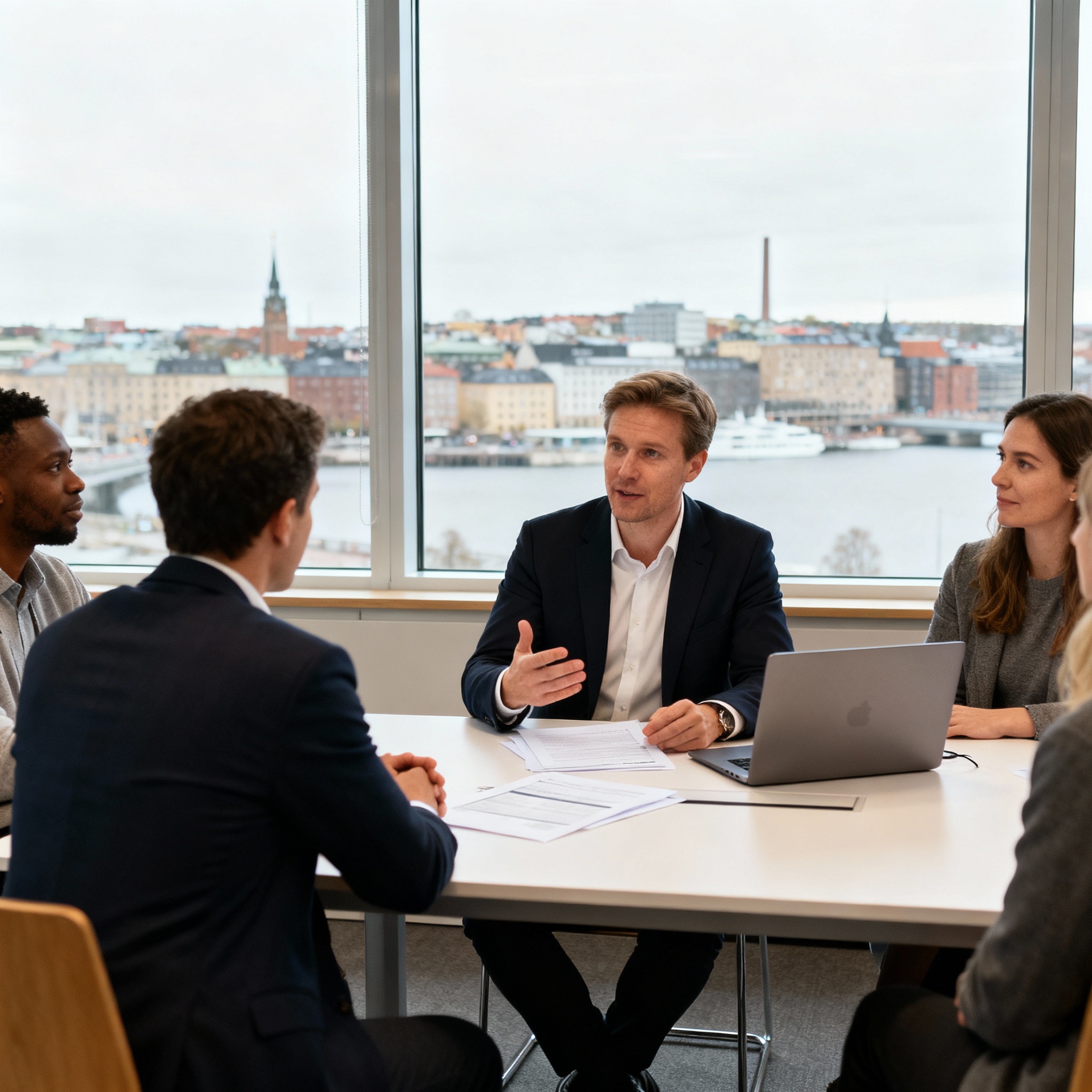 Företagsmäklare diskuterar affärsförmedling med företagare i Göteborgsregionen.