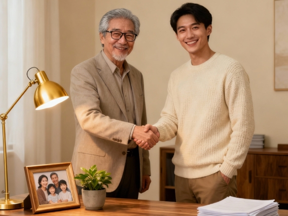 Äldre företagsägare överlämnar symboliskt företaget till yngre familjemedlem i varm kontorsmiljö, fokus på företagsöverlåtelse och generationsskifte