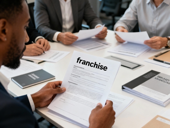 Företagsmäklare och franchisetagare diskuterar franchisekoncept och villkor i mötesrum.