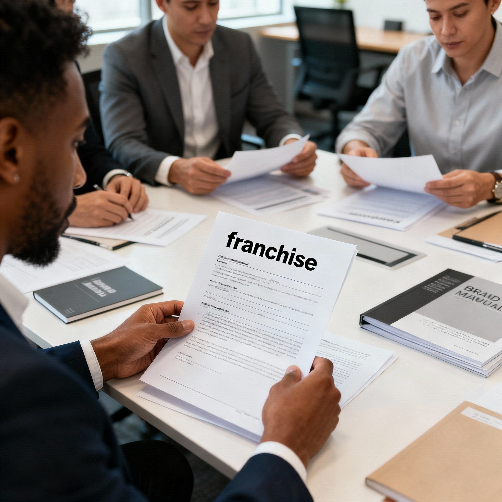 Företagsmäklare och franchisetagare diskuterar franchisekoncept och villkor i mötesrum.