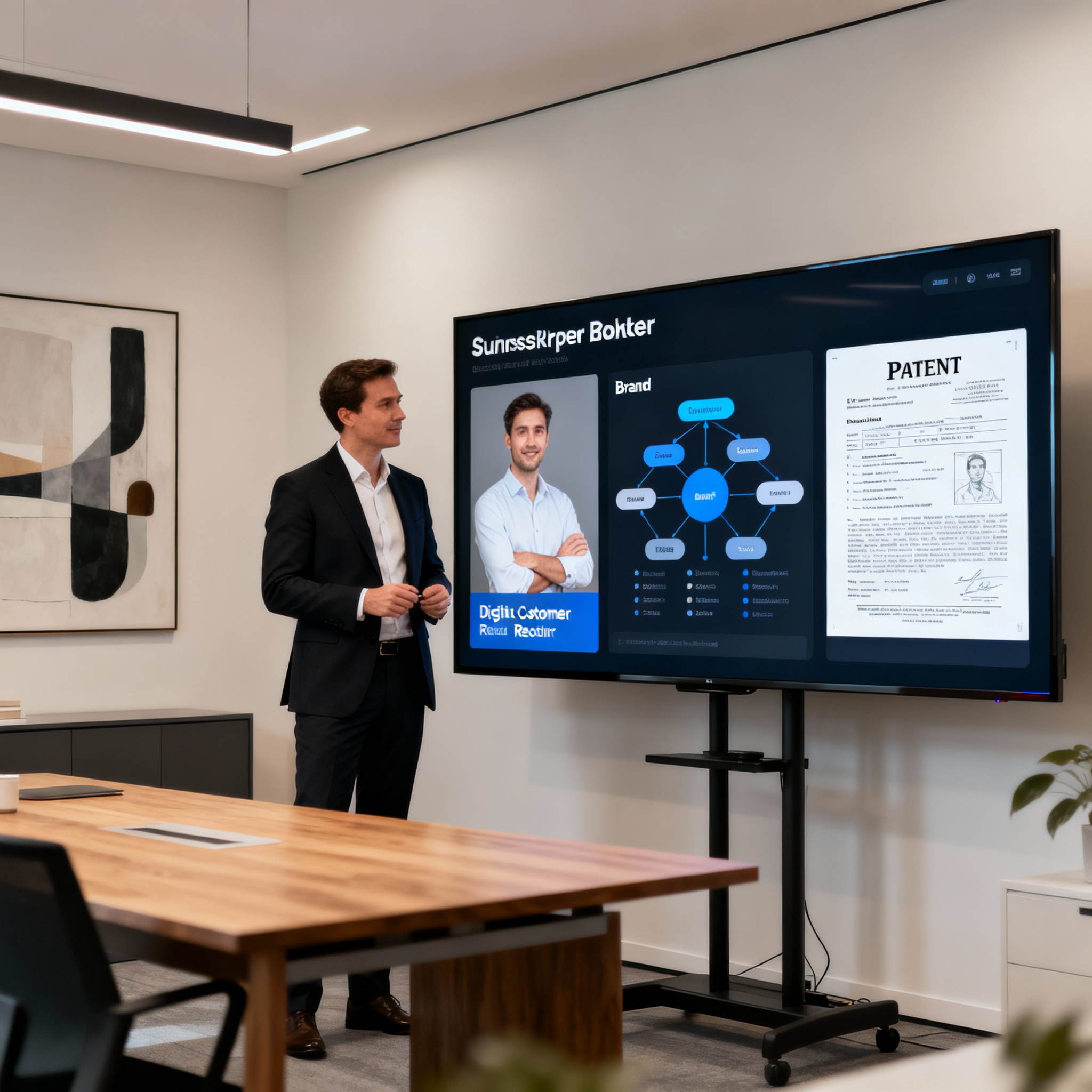Företagsmäklare visar företagare hur varumärke, kundregister och digitala tillgångar påverkar företagets värde