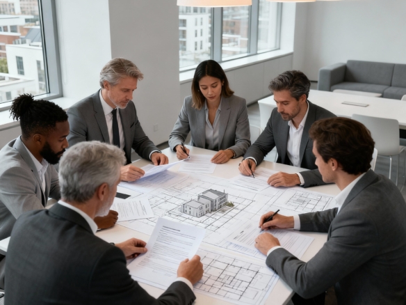 Kommersiell fastighetsmäklare och företagare granskar objekt och kontrakt inför affär i mötesrum.