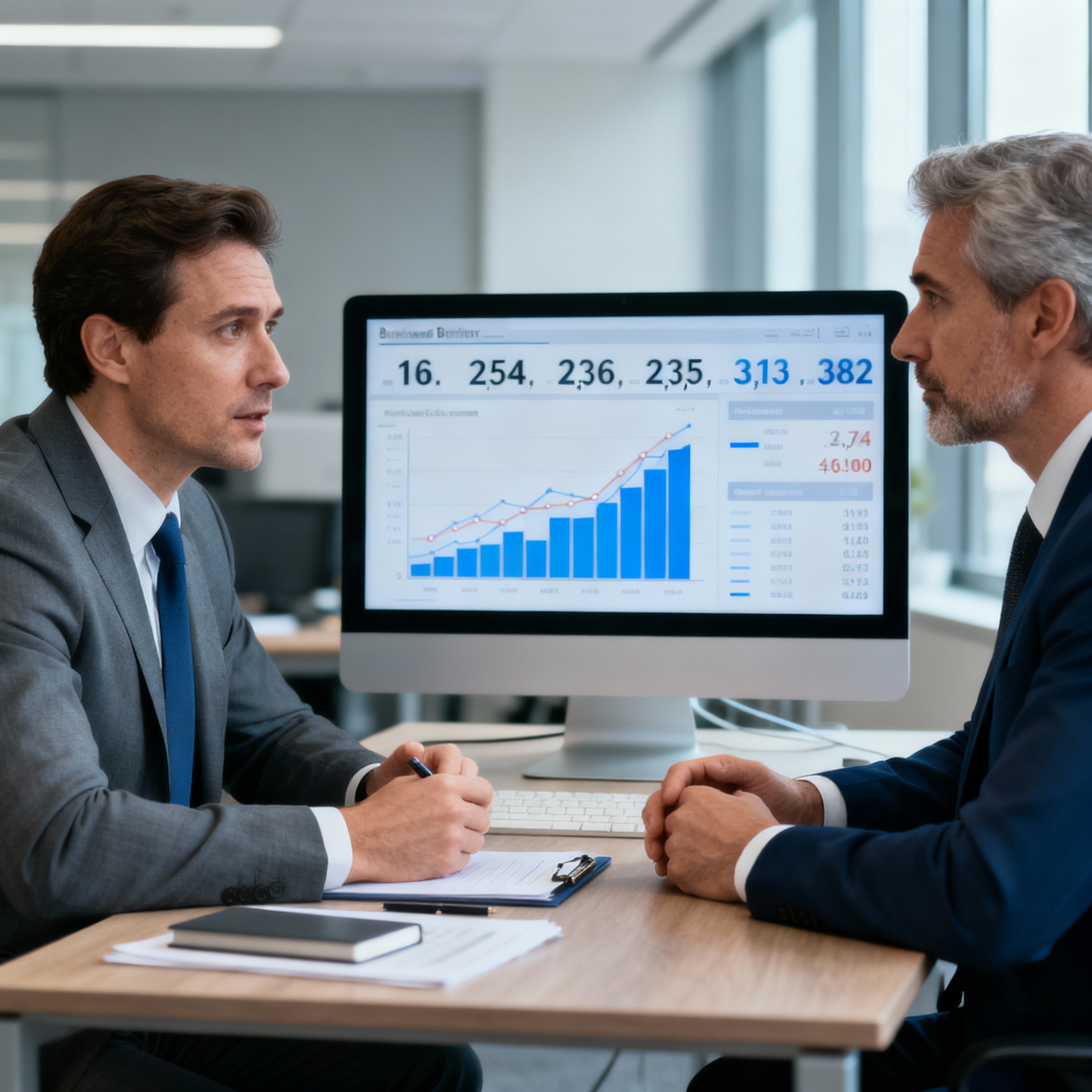 Företagsmäklare och företagare diskuterar försäljning under lågkonjunktur, med siffror och prognoser på skärmen.