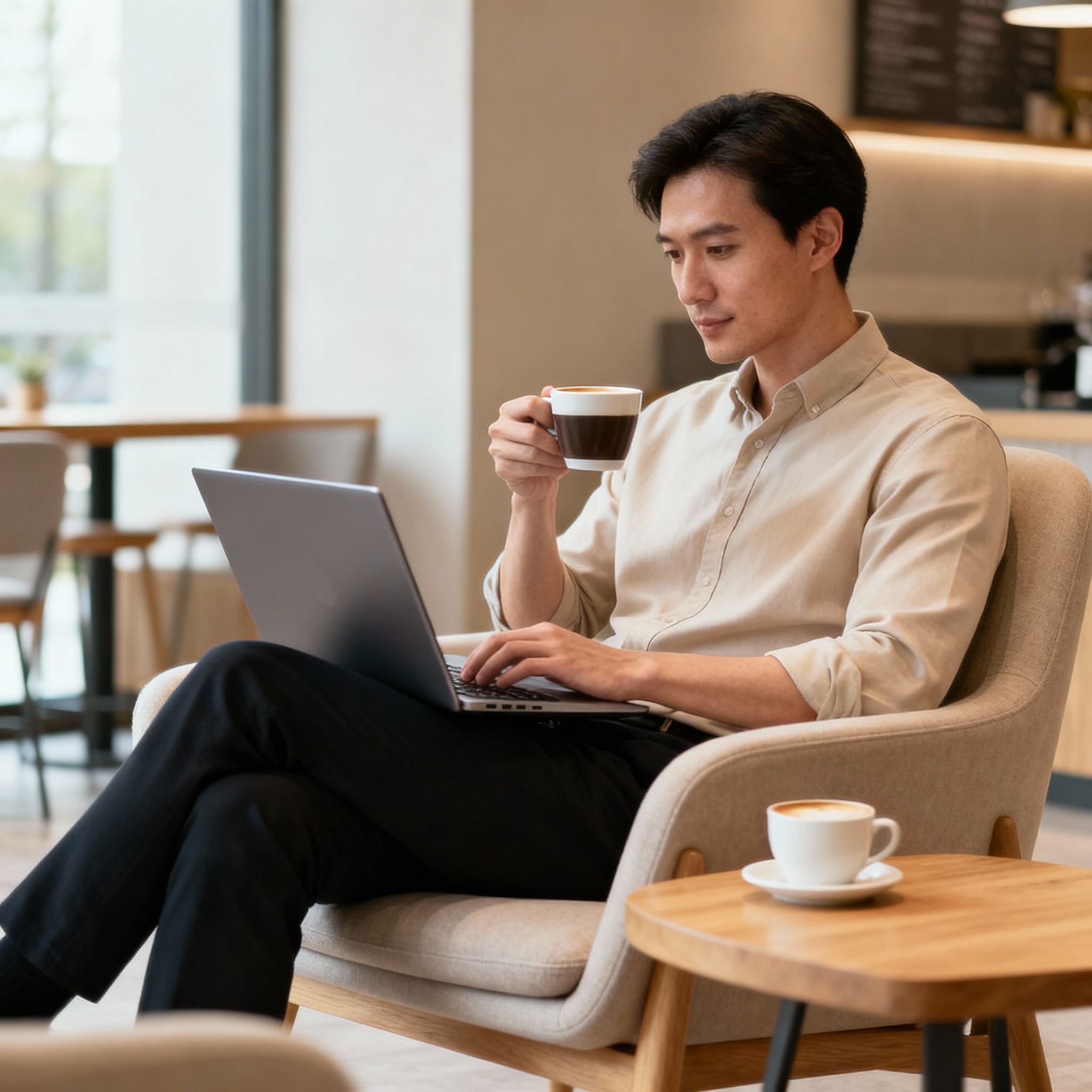 Tidigare företagssäljare sitter med laptop och kaffekopp i modern miljö och planerar nya möjligheter efter företagsförsäljning