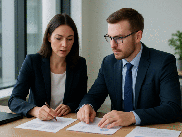 Två affärspersoner i ett modernt kontor som diskuterar dokument inför ett företagsförvärv – professionell rådgivning för nya entreprenörer som ska köpa sitt första företag.