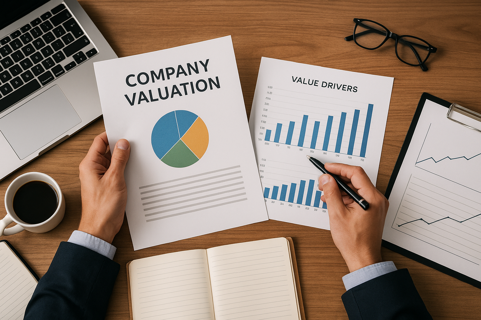 Overhead-vy av en person i kostym som analyserar företagsvärderingsdokument med diagram och grafer vid ett skrivbord med laptop, block och kaffekopp. Illustrerar företagsvärdering och affärsbeslut.