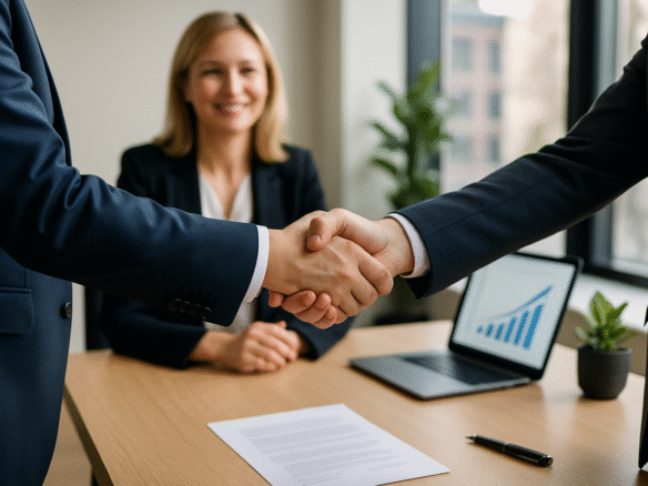 Två affärspartners skakar hand efter att ha köpt företag via företagsmäklare