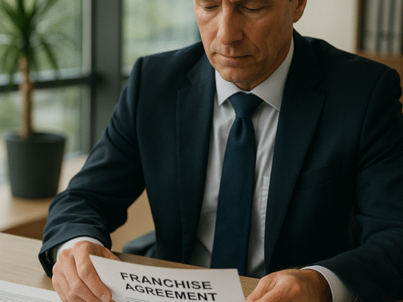 En affärsman i kostym sitter vid ett kontor och granskar dokument inför ett affärsbeslut. Ljus modern kontorsmiljö med laptop och papper. Bilden används i blogginlägg om företagsförsäljning och franchising som exit-strategi.