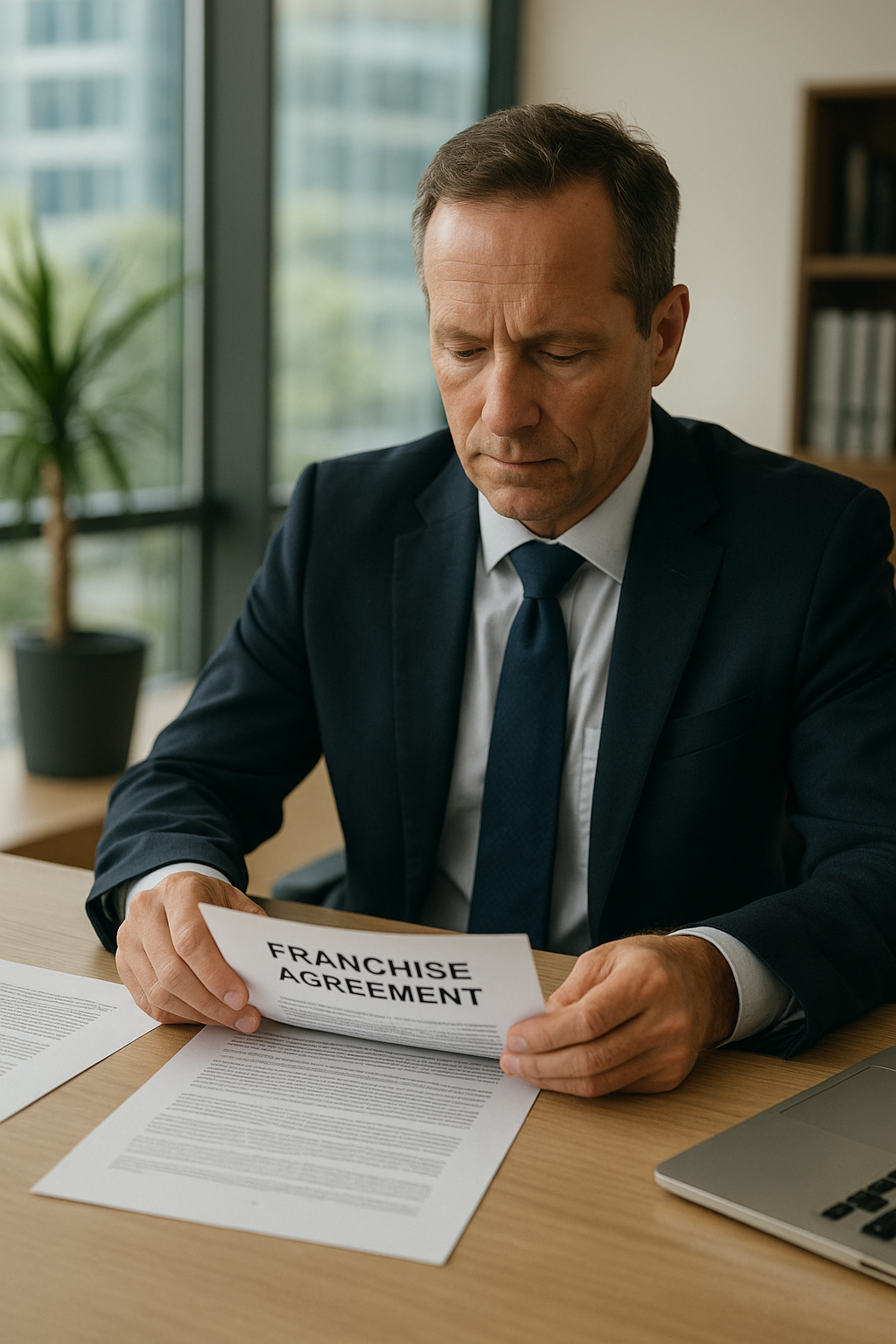 En affärsman i kostym sitter vid ett kontor och granskar dokument inför ett affärsbeslut. Ljus modern kontorsmiljö med laptop och papper. Bilden används i blogginlägg om företagsförsäljning och franchising som exit-strategi.