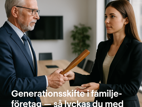 En äldre man överlämnar en symbolisk stafettpinne till en yngre kvinna i ett kontorsmöte, vilket representerar generationsskifte i ett familjeföretag. Modernt kontor, professionellt affärssammanhang.