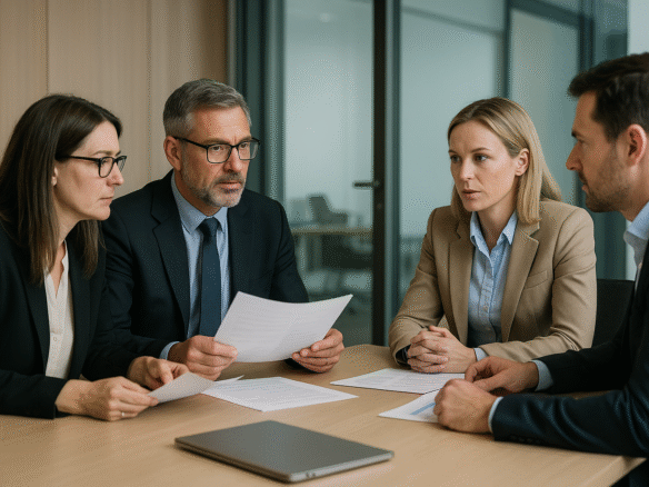 Fyra affärspersoner i ett modernt konferensrum som diskuterar företagsförsäljning med fokus på sekretess, riskkontroll och anonym professionell rådgivning.