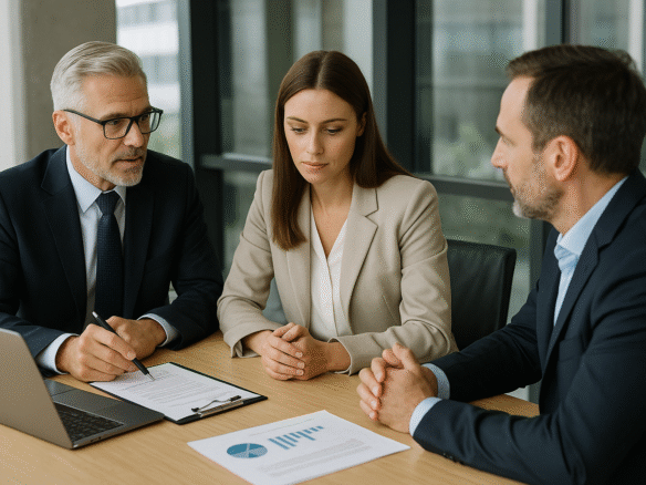 En professionell företagsrådgivare i kostym sitter vid ett mötesbord tillsammans med två klienter och går igenom dokument inför en företagsaffär i ett modernt, ljusstarkt kontor.