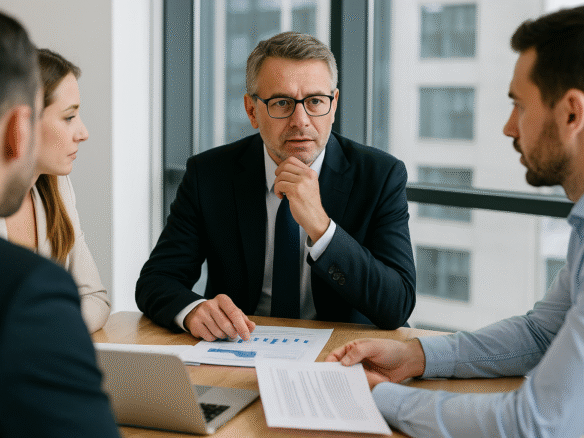 Fyra affärspersoner sitter i ett modernt konferensrum och diskuterar dokument och rapporter inför en företagsaffär, med fokus på riskanalys och professionell rådgivning.