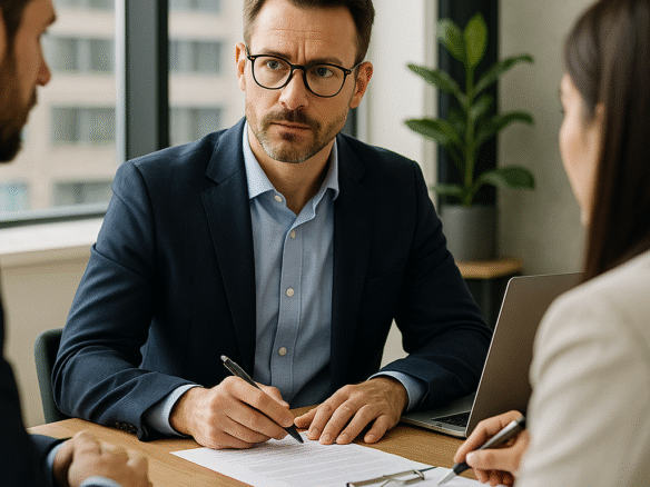 Tre professionella personer i affärsmöte på ett kontor. En man i kostym granskar dokument och lyssnar på två kollegor. Bilden illustrerar rådgivning och due diligence vid företagsförvärv.