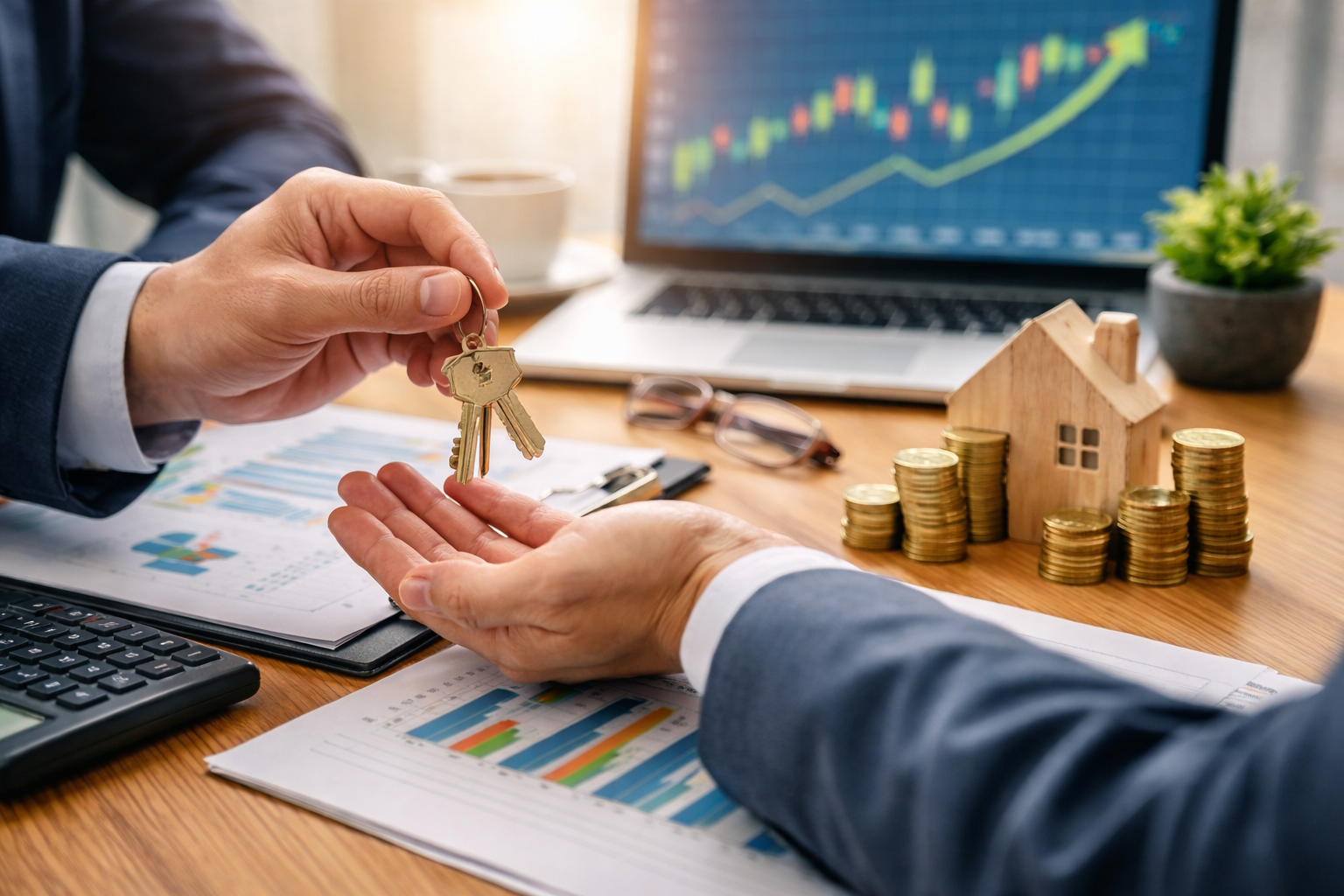 Överlämning av nycklar vid företagsförsäljning med ekonomisk analys, tillväxtdiagram och affärsbeslut i fokus