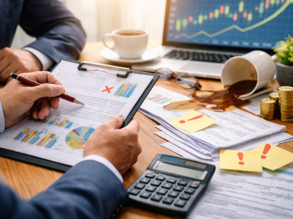 Genomgång av ekonomiska misstag vid företagsförsäljning med analys av rapporter, riskmarkeringar och affärsbeslut