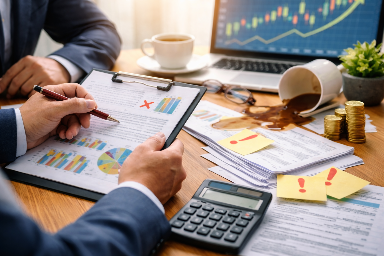 Genomgång av ekonomiska misstag vid företagsförsäljning med analys av rapporter, riskmarkeringar och affärsbeslut