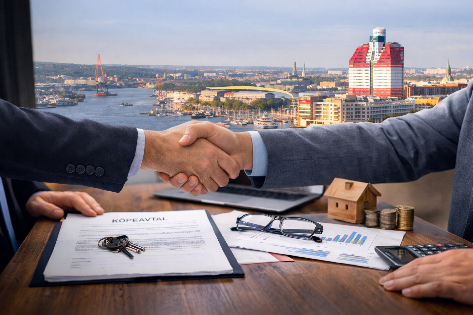 Affärsmän som skakar hand över köpeavtal med Göteborg i bakgrunden företag till salu i Sverige.